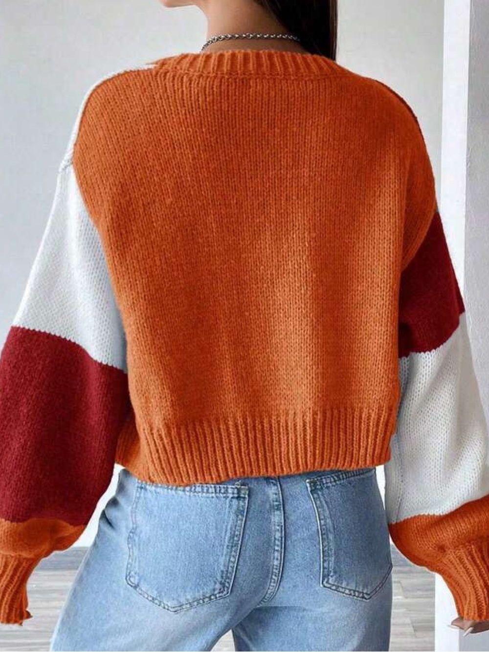 Colorblock Cropped Knit Open Cardigan V Neck Red, Orange White Casual Boho XS - Picture 3 of 11